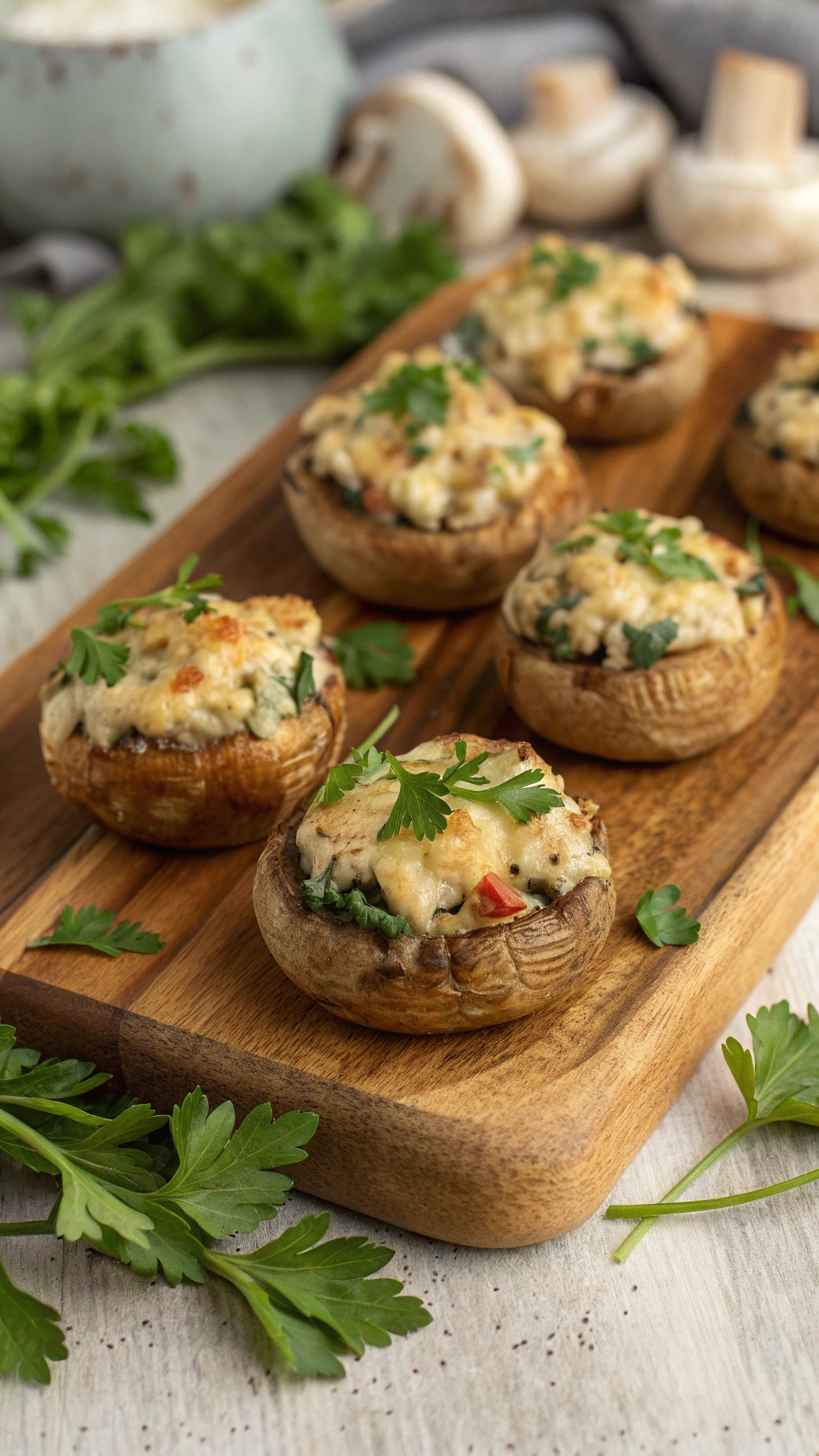 A wooden platter with stuffed mushrooms topped with parsley, showcasing a gourmet appetizer.