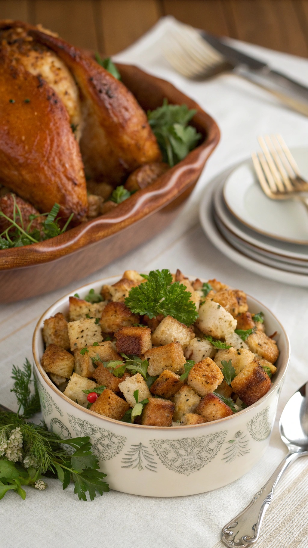 A bowl of golden-brown stuffing garnished with herbs, next to a roasted turkey.