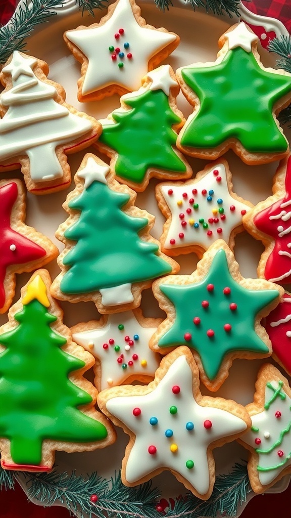 A plate of decorated sugar cookies in holiday shapes, including stars and Christmas trees, with colorful icing and sprinkles.