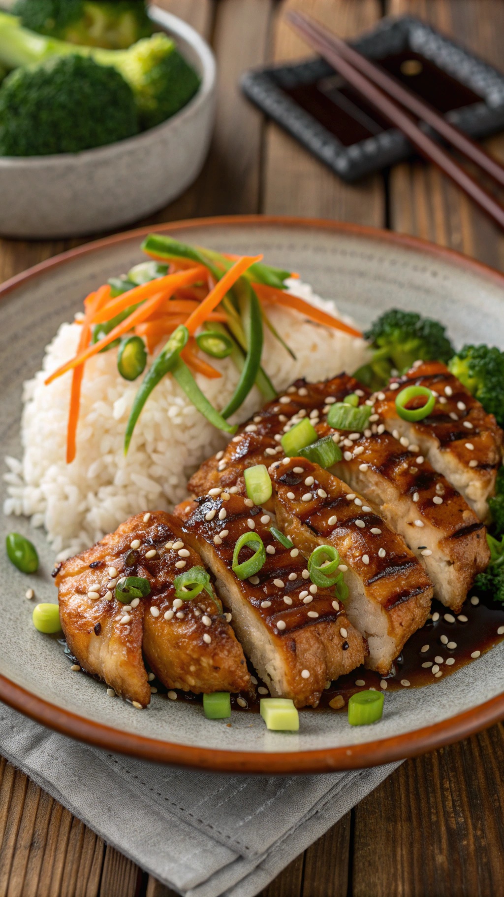 A plate of classic teriyaki chicken served with rice and vegetables.