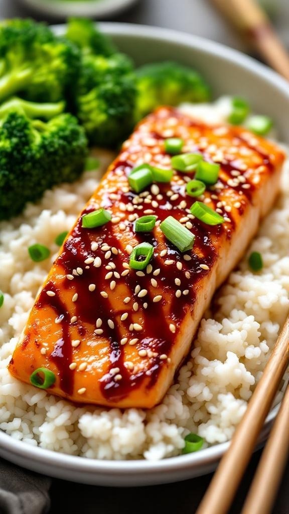 A delicious teriyaki salmon rice bowl with broccoli, topped with green onions and sesame seeds.