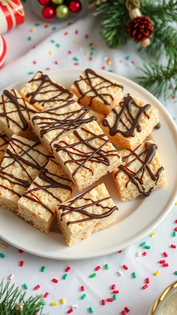 A platter of healthier Rice Krispie treats drizzled with chocolate, surrounded by festive decorations.