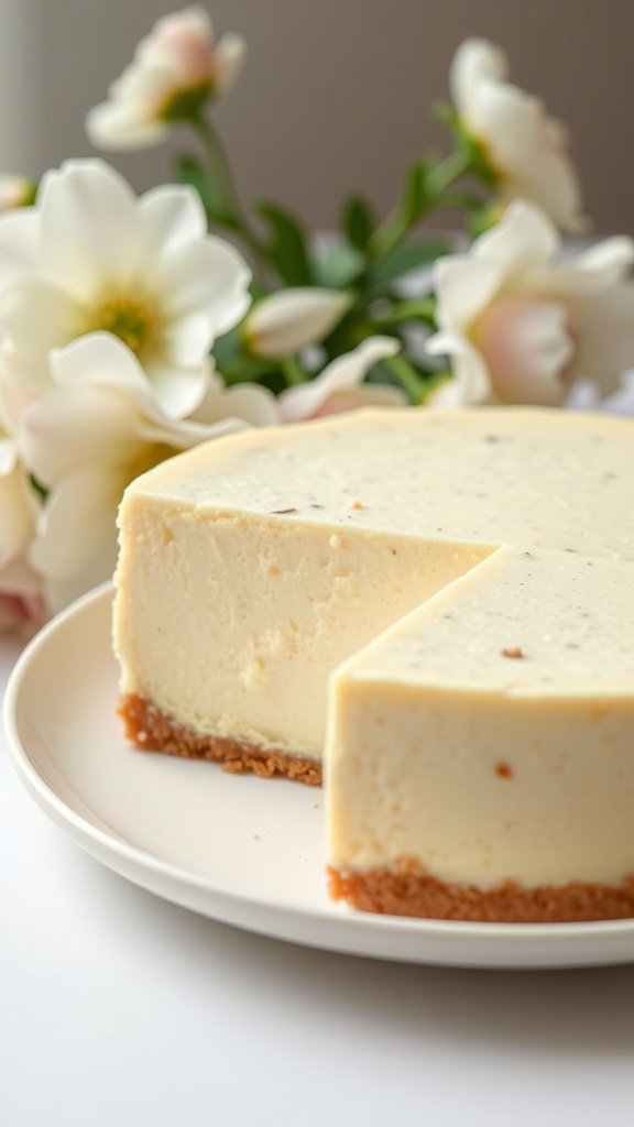 A delicious gluten-free vanilla bean cheesecake with a slice taken out, surrounded by flowers.