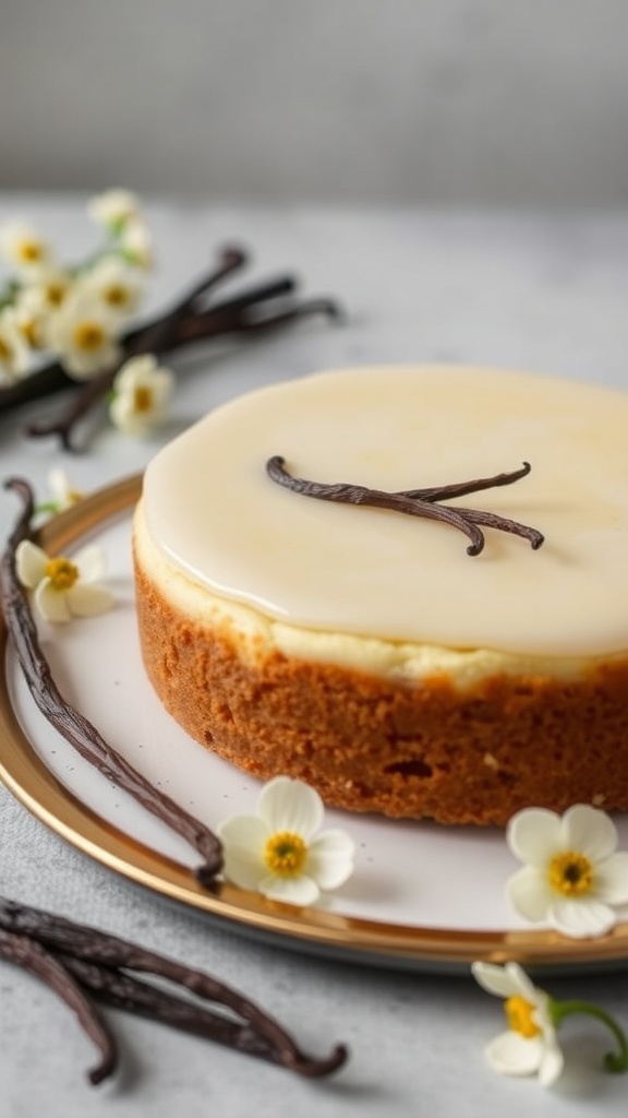 A beautifully presented vegan cheesecake with a glossy top, garnished with vanilla pods and flowers.