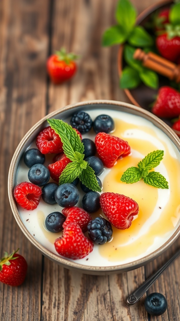 A bowl of chia seed pudding topped with fresh berries and mint leaves.