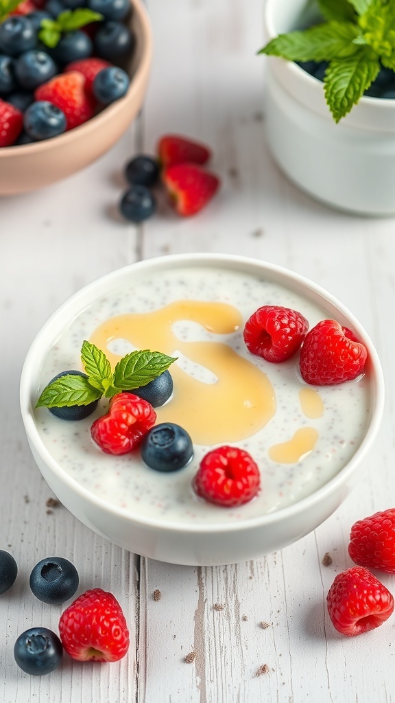 A bowl of classic vanilla chia seed pudding topped with fresh raspberries, blueberries, and a drizzle of honey.