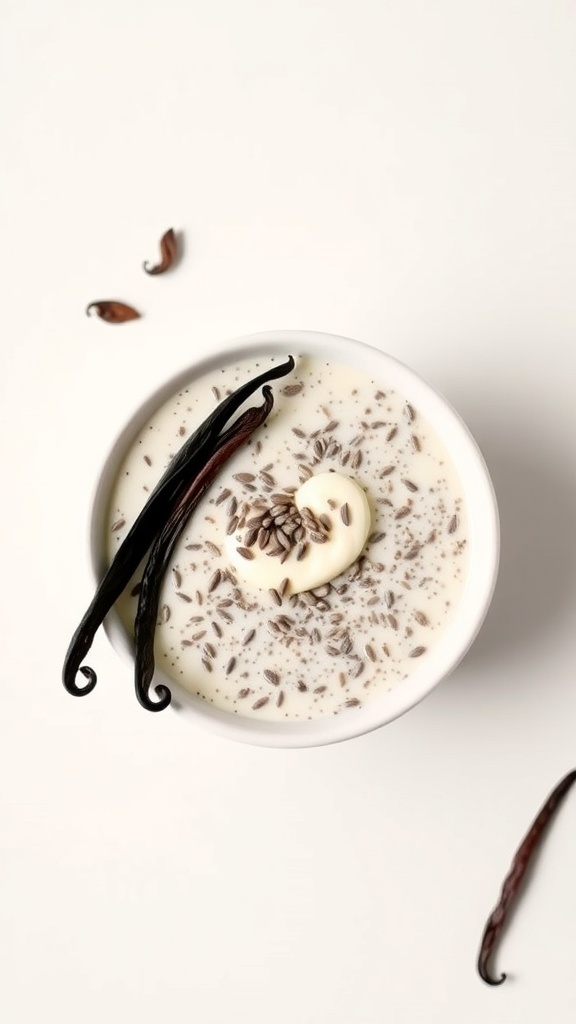 A bowl of classic vanilla chia seed pudding topped with vanilla pods and seeds.
