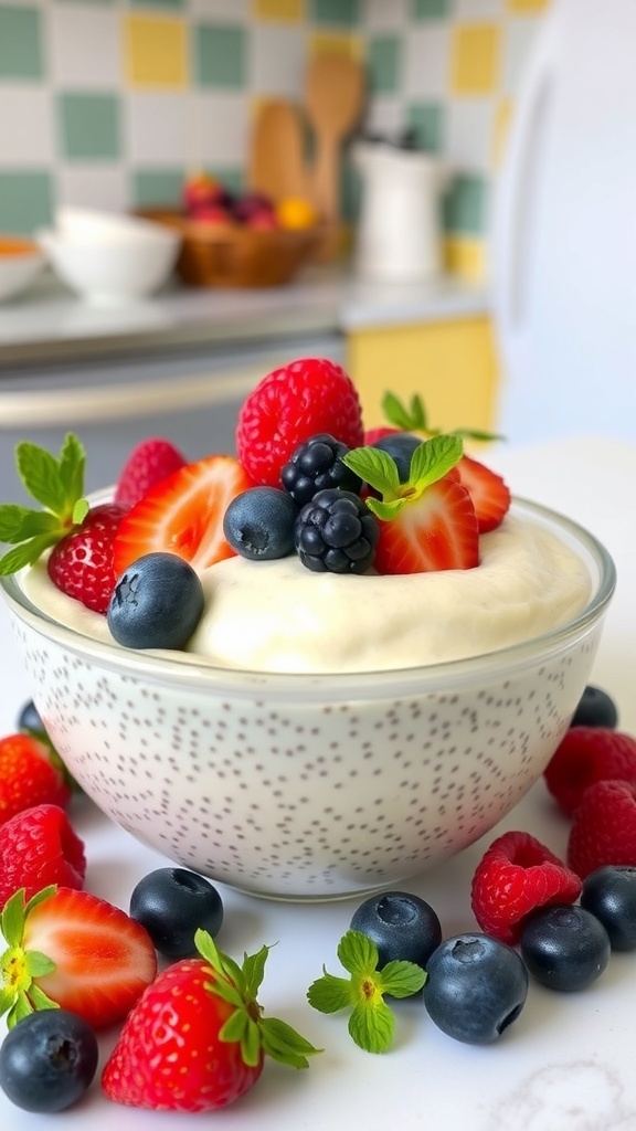A bowl of vanilla chia seed pudding topped with fresh strawberries, blueberries, blackberries, and raspberries.