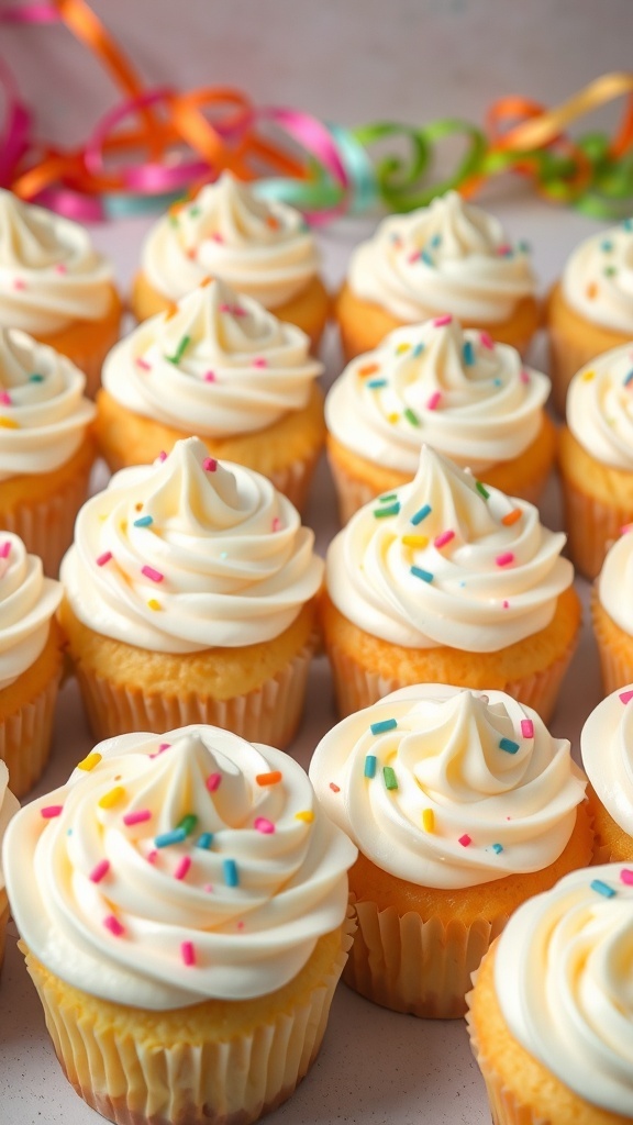 A display of classic vanilla cupcakes topped with white frosting and colorful sprinkles.