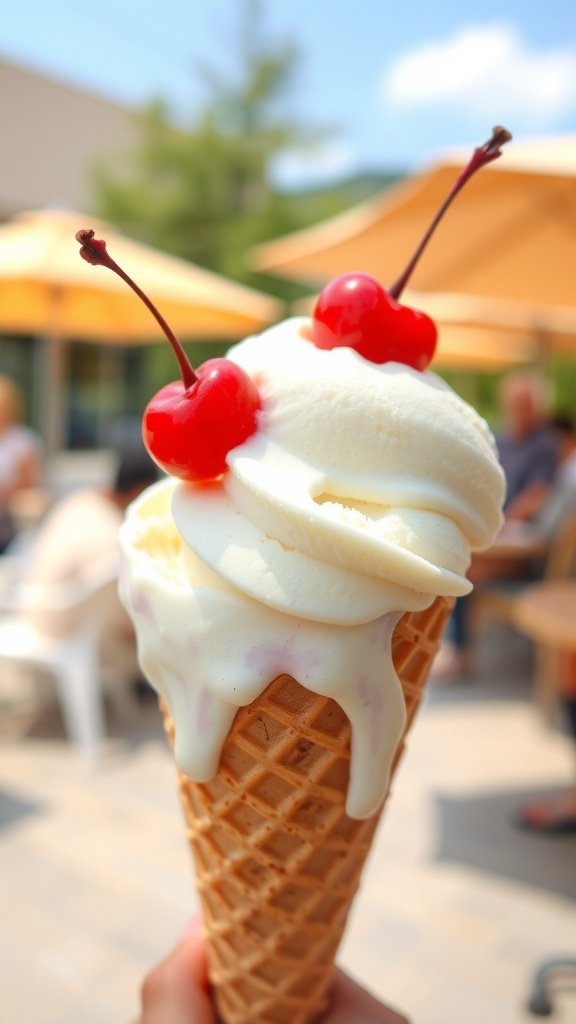 A delicious cone of vanilla ice cream topped with cherries, set against a sunny outdoor backdrop.