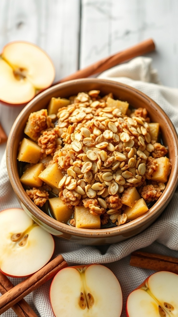 A bowl of vegan apple crisp topped with oats, surrounded by fresh apple halves and cinnamon sticks.