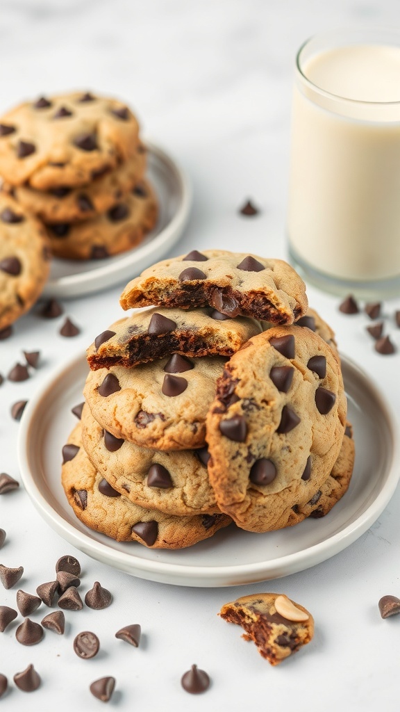 A stack of classic vegan chocolate chip cookies with chocolate chips scattered around and a glass of milk.
