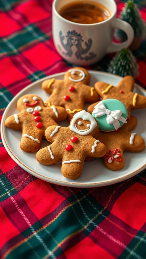 A plate of gingerbread cookies shaped like gingerbread men, decorated with icing and colorful candies, next to a cup of coffee on a red plaid tablecloth.