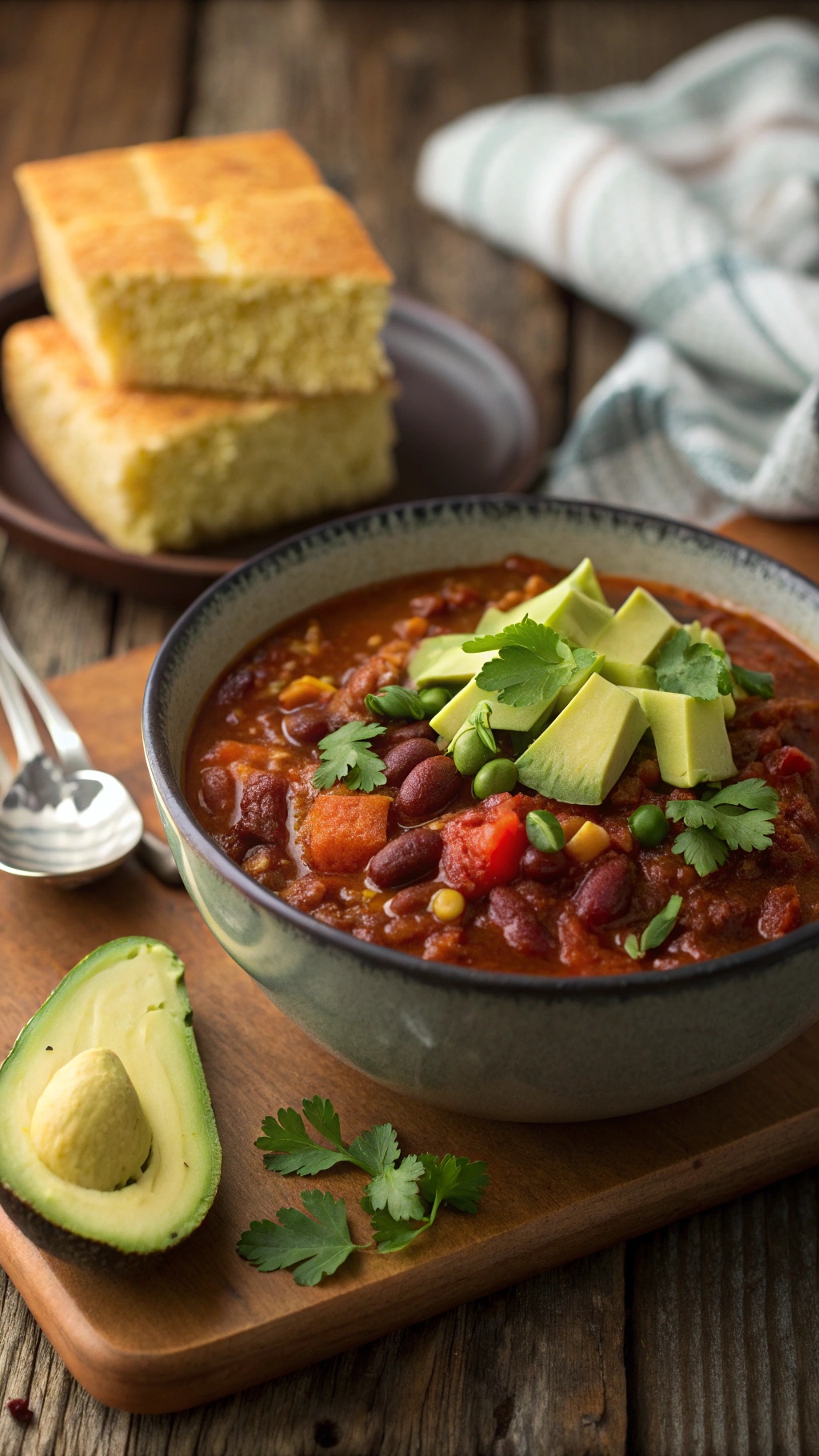 A bowl of vegetable and bean chili topped with avocado and cilantro, served with cornbread.