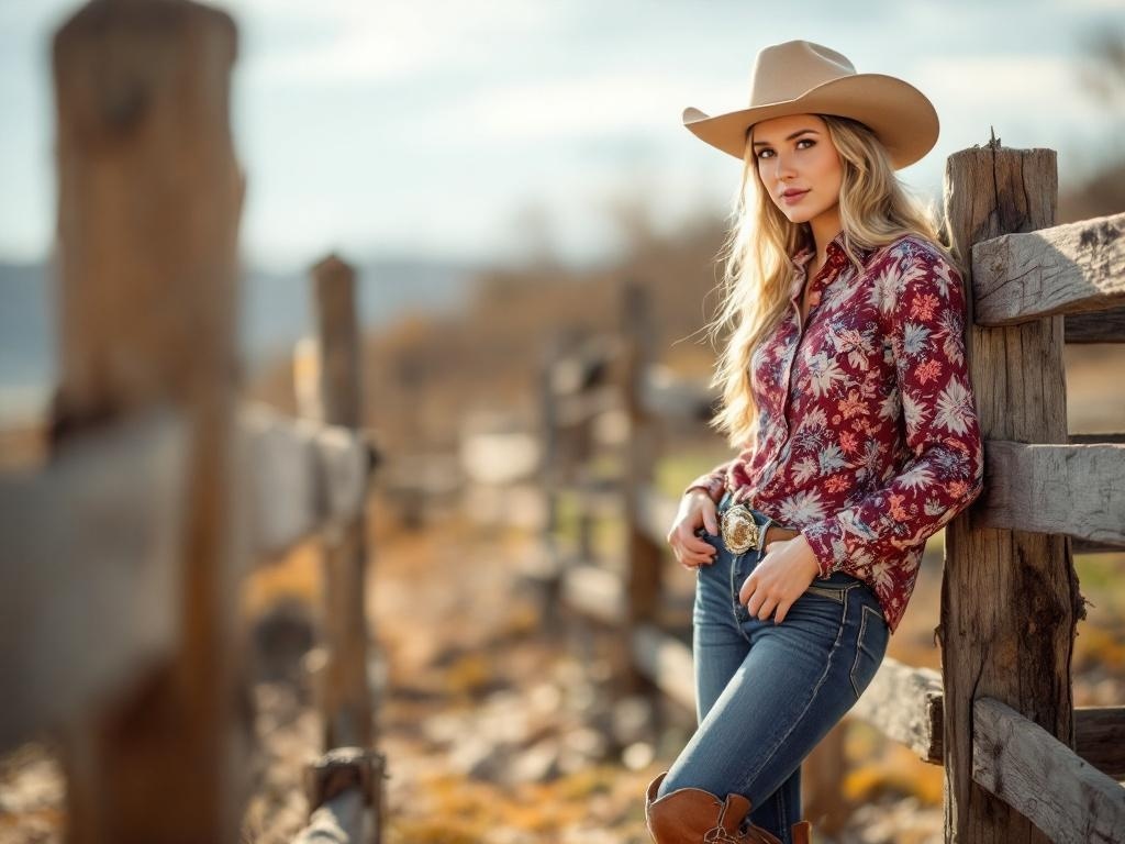 A cowgirl in a floral shirt and denim jeans stands by a wooden fence, wearing a wide-brimmed hat and brown boots.