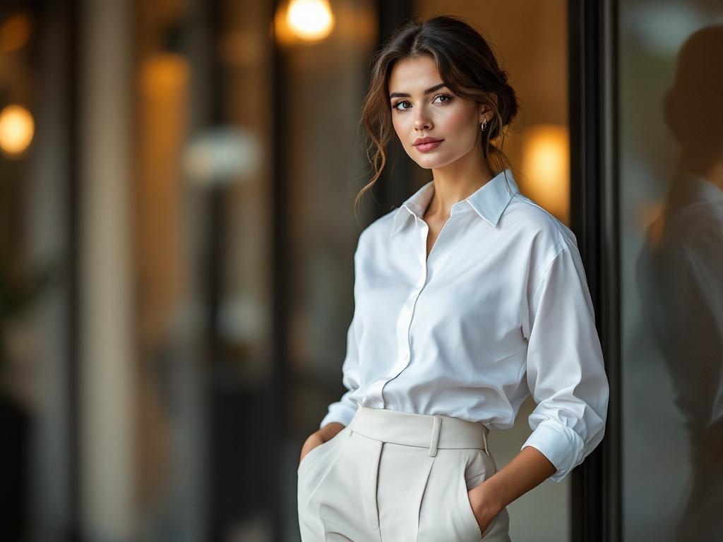 A woman in a classic white button-up shirt and tailored pants, looking stylish and confident.