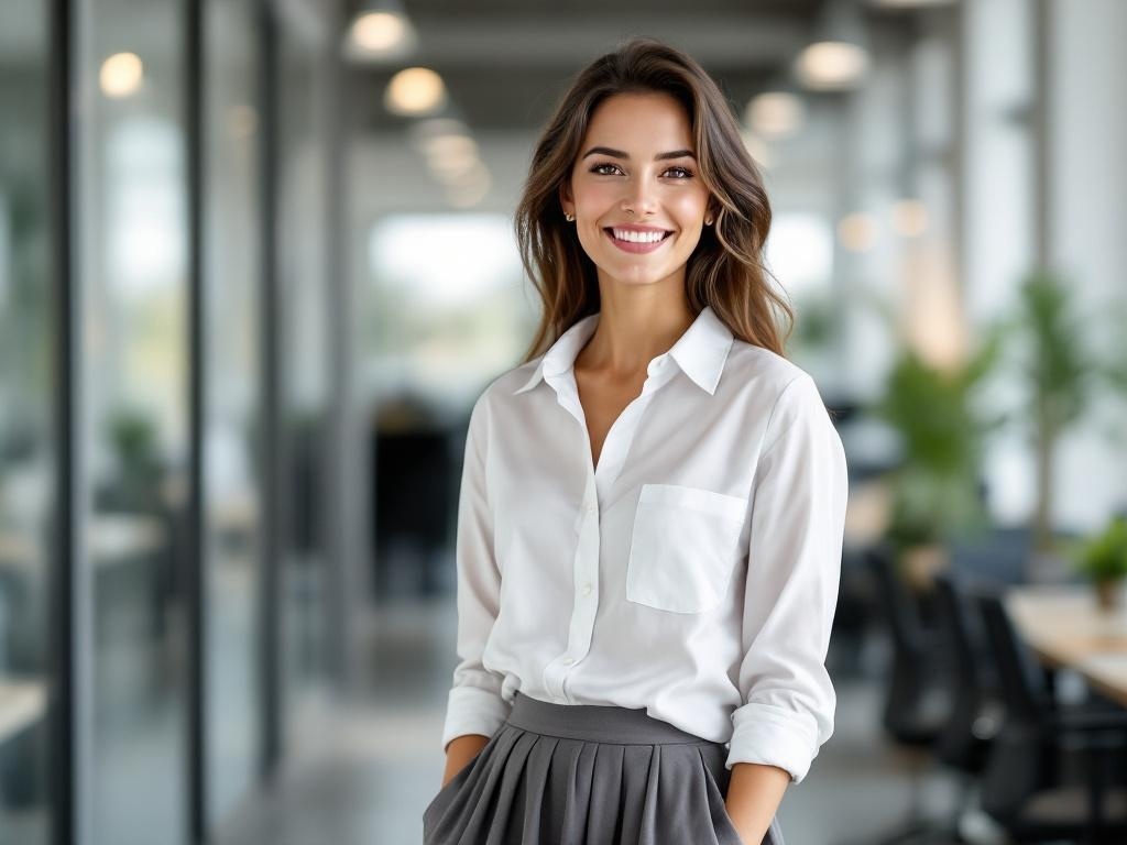 A woman in a classic white shirt and A-line skirt, smiling in an office setting