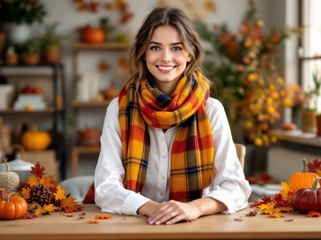 A woman in a white shirt and plaid fall scarf, sitting at a table decorated with autumn leaves and pumpkins.