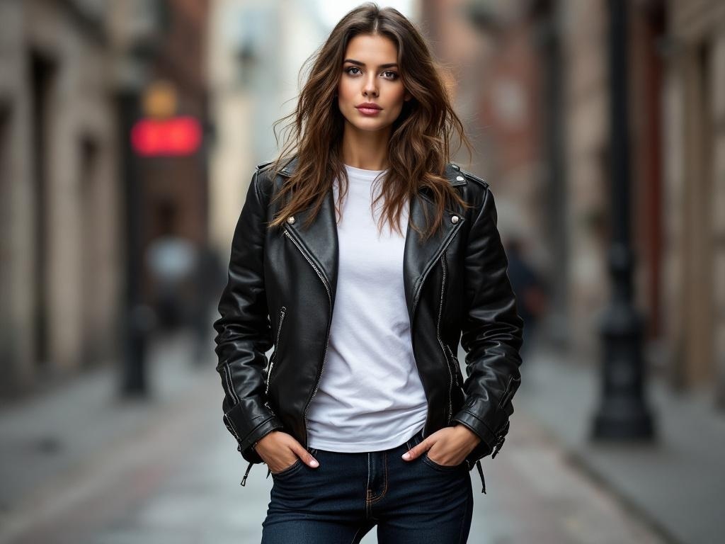 A woman wearing a black leather jacket over a white tee and jeans, standing confidently in a city street.