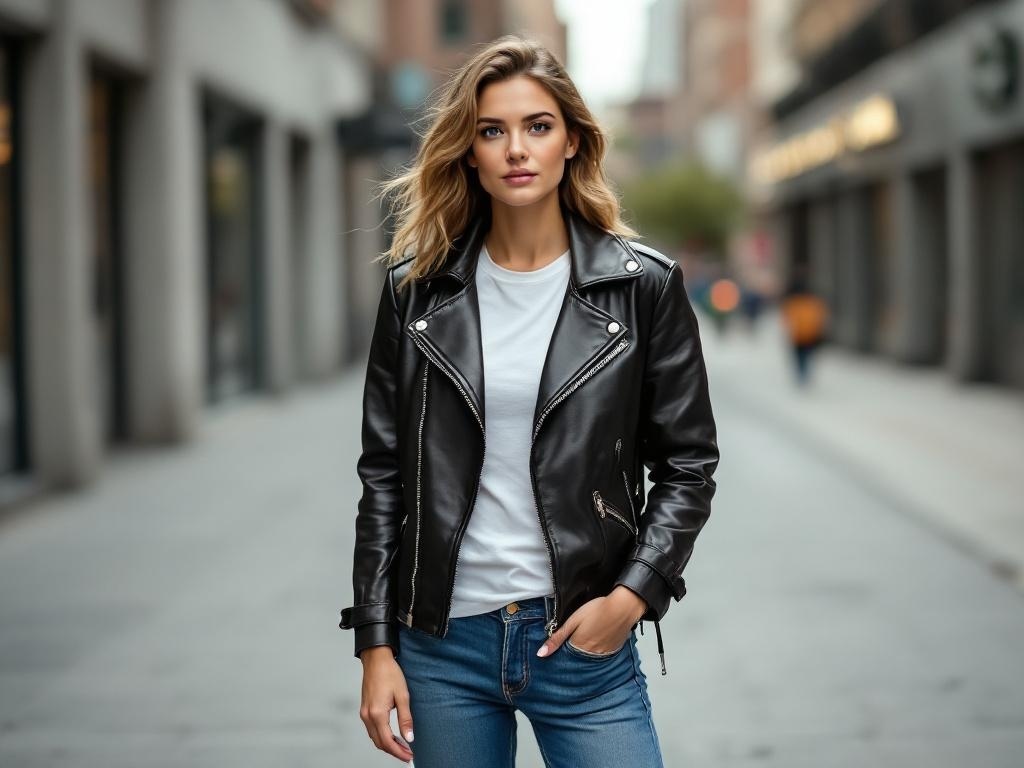 A stylish woman wearing a black leather jacket over a white tee and jeans, walking confidently in a city street.
