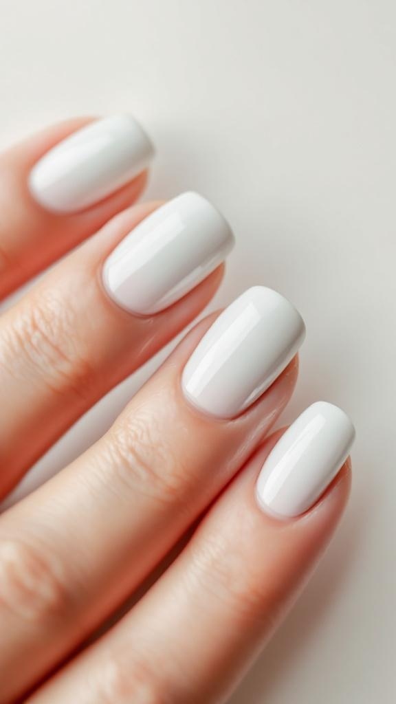 Close-up of hands with classic white nails featuring a glossy finish.