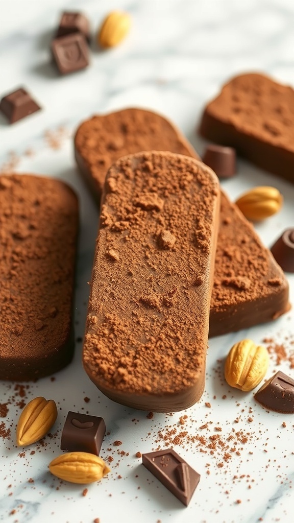 Chocolate energy bars dusted with cocoa powder, surrounded by chocolate pieces and nuts.