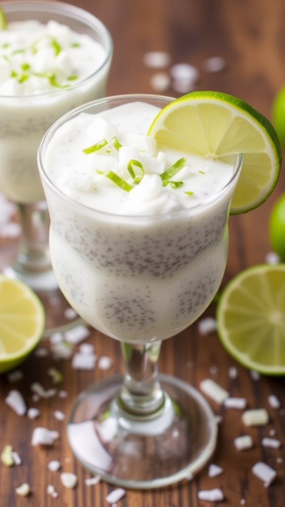 A refreshing coconut-lime chia seed pudding served in a glass, garnished with lime slices and shredded coconut, with a beach background.