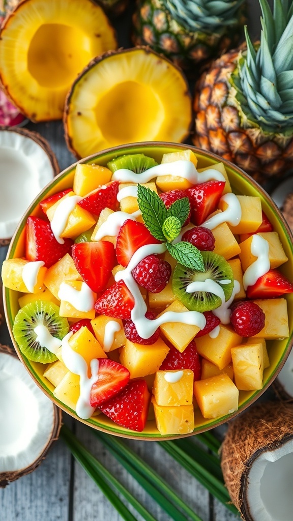 A colorful bowl of coconut-pineapple fruit salad topped with mint leaves, surrounded by fresh pineapples and coconuts.
