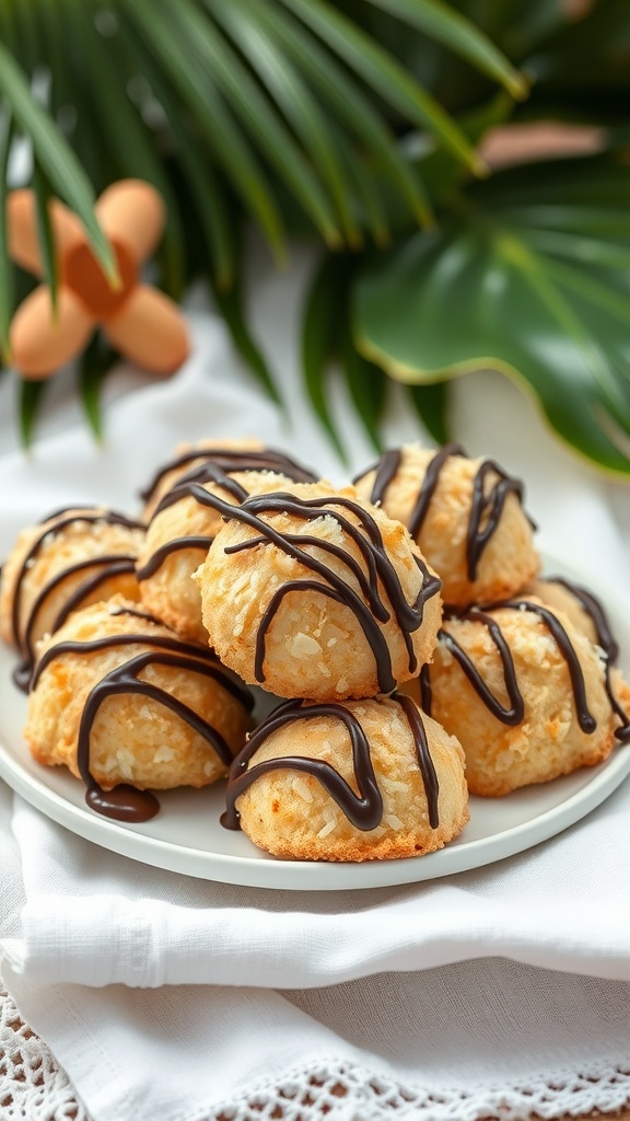 A plate of coconut macaroons drizzled with chocolate, surrounded by tropical leaves.