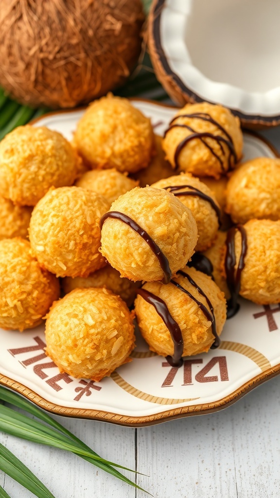 A plate of coconut macaroons drizzled with chocolate, surrounded by a coconut shell and tropical leaves.