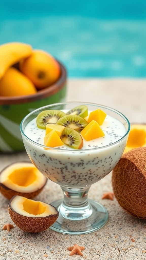 A bowl of coconut chia seed pudding topped with mango and kiwi, with fresh mangoes in the background.
