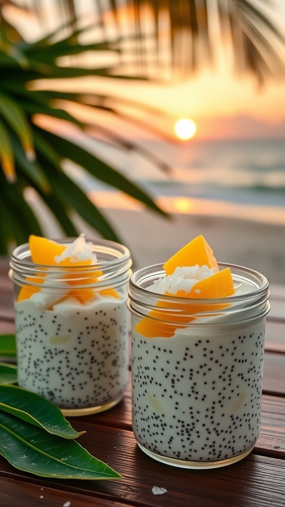 Two jars of coconut chia seed pudding topped with mango and coconut, set against a beach sunset.
