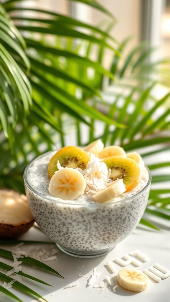 A bowl of coconut chia seed pudding topped with banana slices, kiwi, and coconut flakes, surrounded by tropical leaves.