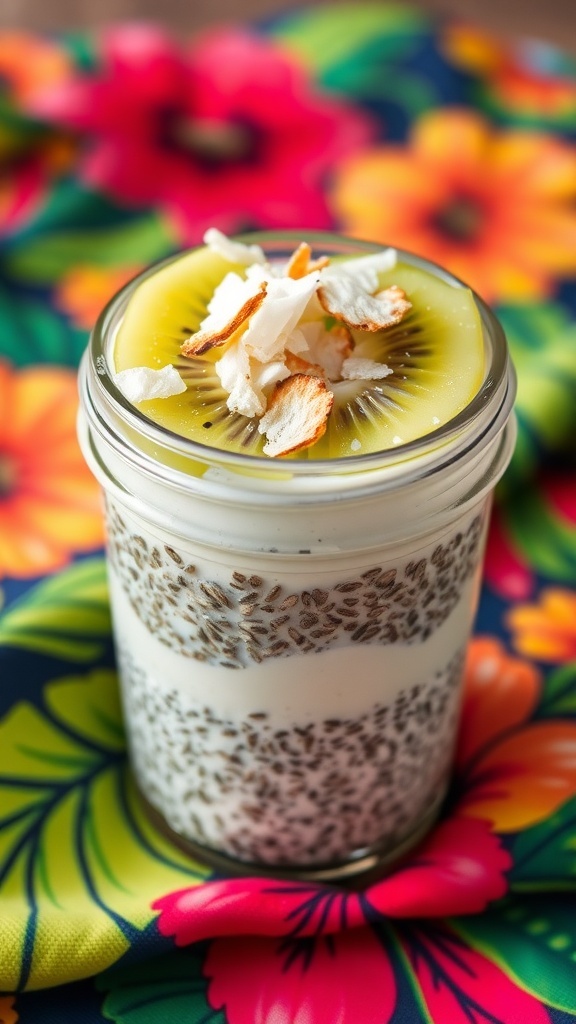 A jar of coconut chia seed pudding topped with kiwi and coconut flakes on a colorful floral background.