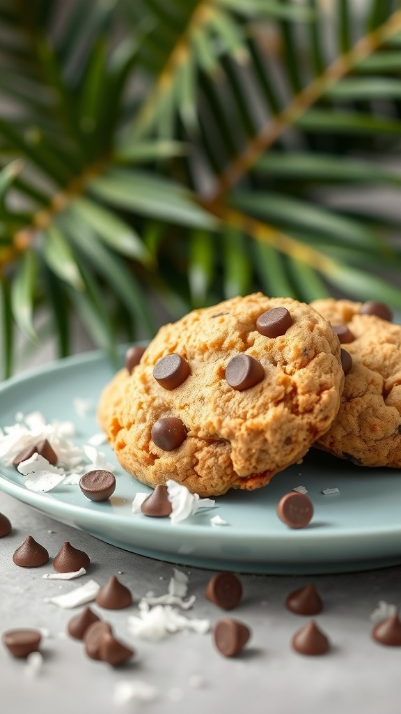 Chocolate chip cookies made with coconut flour, surrounded by chocolate chips and shredded coconut, with palm leaves in the background.