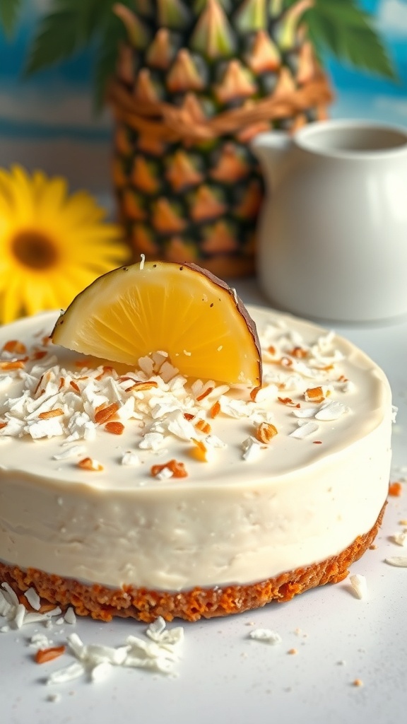 A delicious coconut cream cheesecake topped with a slice of pineapple and shredded coconut, with a pineapple in the background.