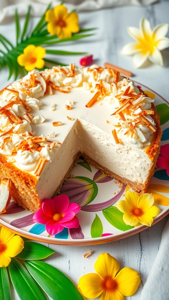 A beautifully decorated coconut cream keto cheesecake with tropical flowers and greenery around it.