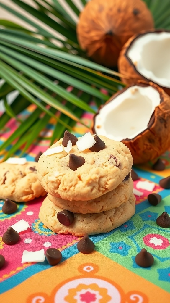 Coconut flour keto chocolate chip cookies with chocolate chips and coconut flakes on a colorful background.