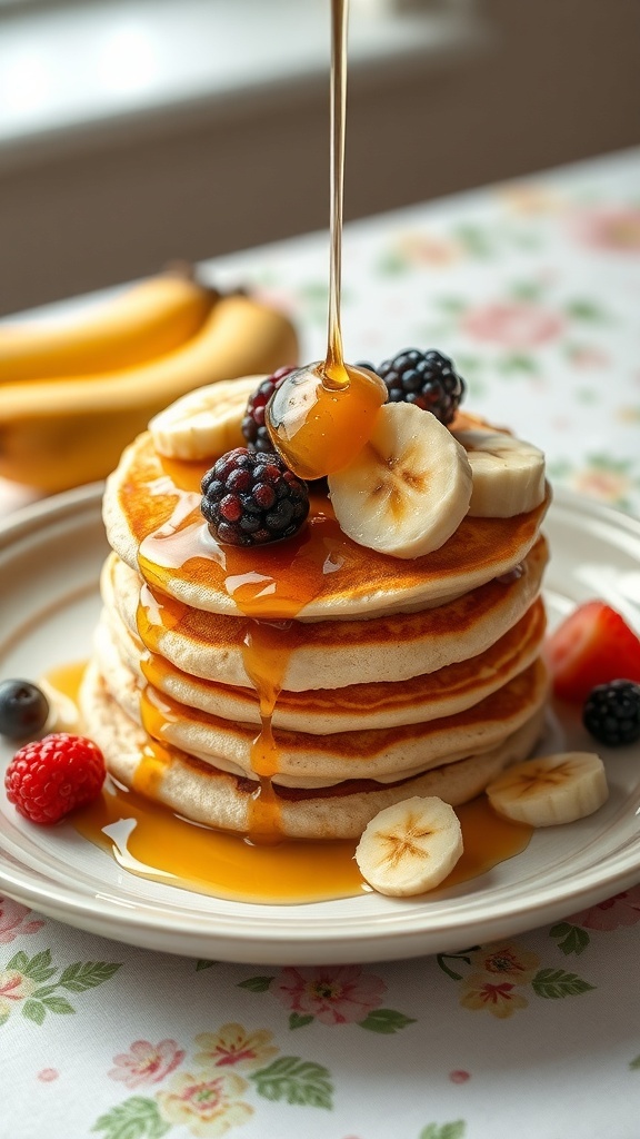 Stack of coconut flour pancakes topped with fresh fruit and syrup