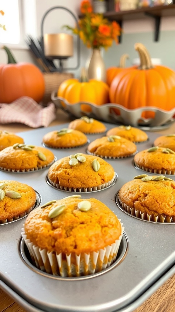 Freshly baked coconut flour pumpkin muffins in a muffin tin with pumpkins in the background