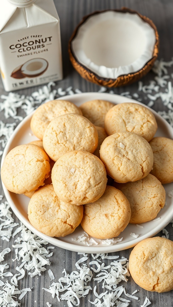 A plate of coconut flour snickerdoodle cookies with a carton of coconut flour and shredded coconut in the background.
