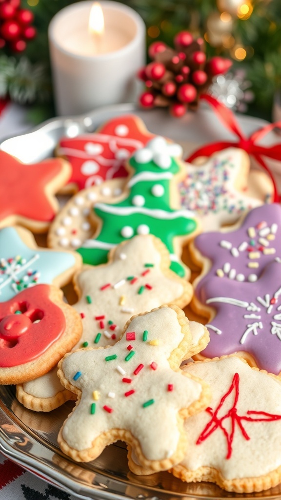 A plate of colorful coconut flour sugar cookies decorated for the holidays.
