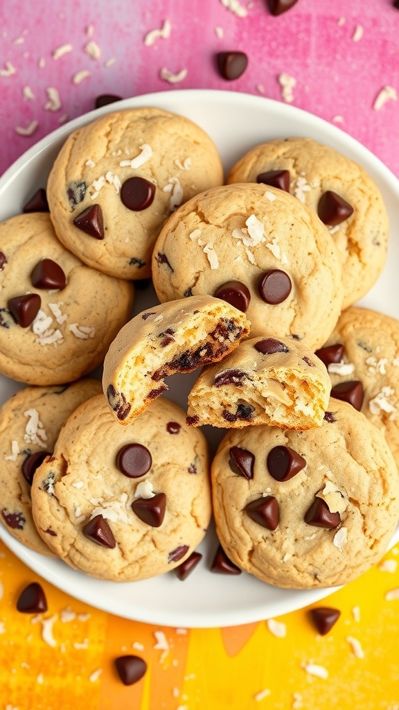 A plate of coconut flour vegan chocolate chip cookies with chocolate chips and a colorful background.