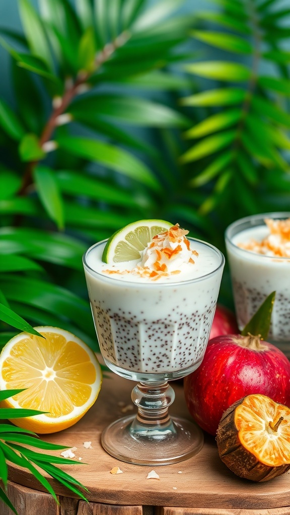 Coconut Lime Bliss Pudding with lime slice and coconut flakes on top, surrounded by fresh fruits and green leaves.