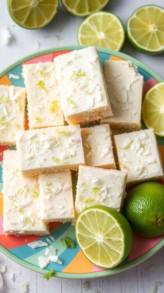 Coconut Lime Energy Bars arranged on a colorful plate with lime halves and shredded coconut.