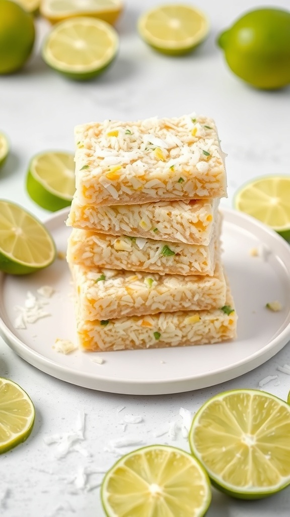 A stack of Coconut Lime Energy Bars on a plate, surrounded by fresh lime halves.