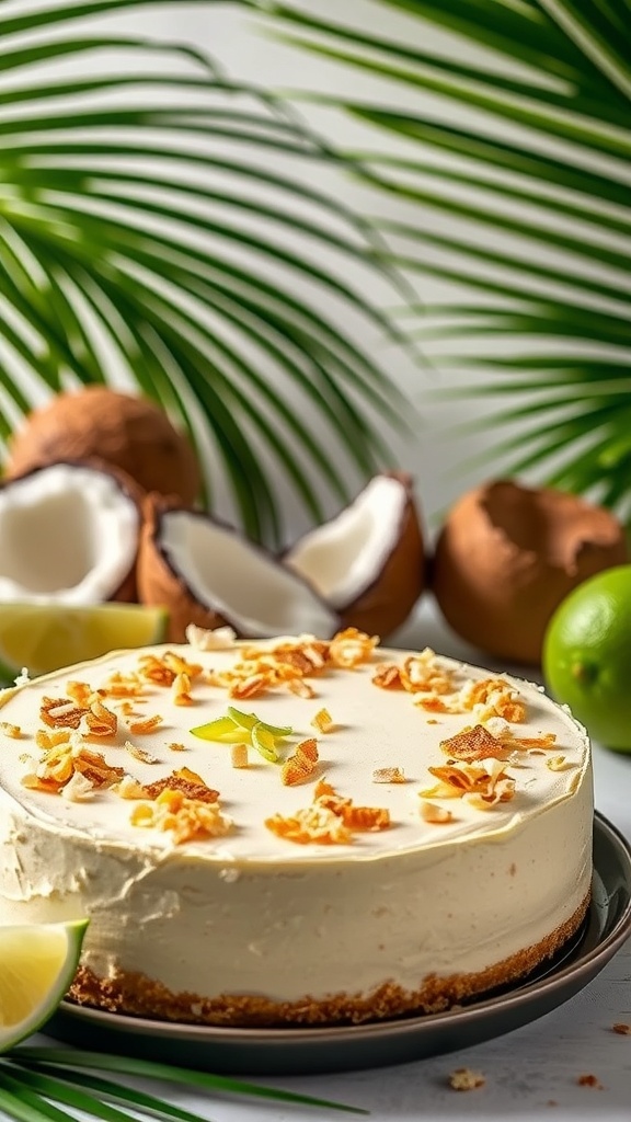 A beautifully presented Coconut Lime Vegan Cheesecake topped with toasted coconut flakes, surrounded by fresh coconuts and palm leaves.