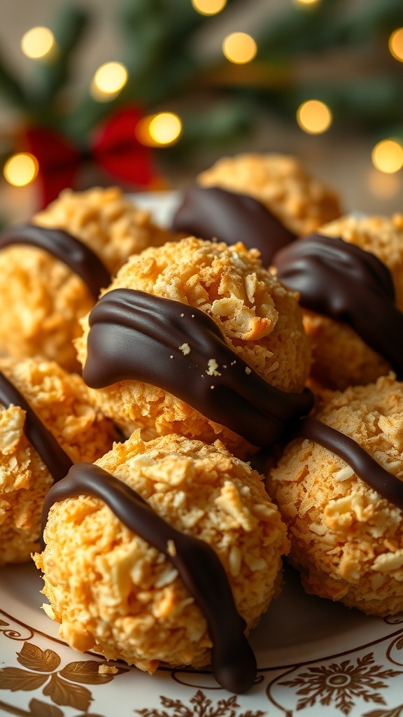 A plate of coconut macaroons dipped in chocolate, decorated with chocolate drizzle, set against a festive background.