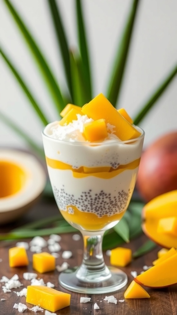 A glass of coconut mango chia pudding topped with fresh mango cubes and shredded coconut.