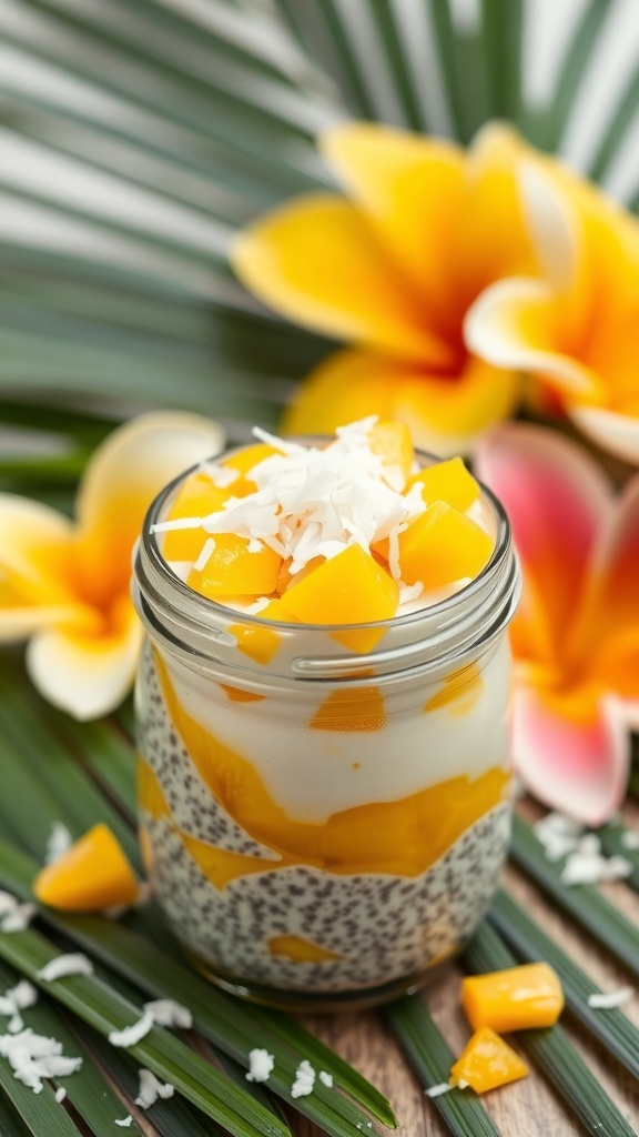 A jar of coconut mango chia seed pudding topped with diced mango and shredded coconut, surrounded by tropical flowers and leaves.